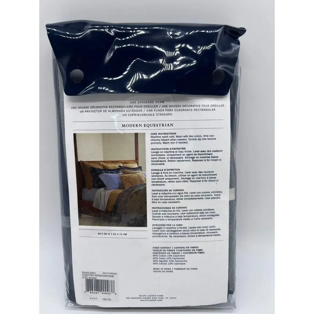 Ralph Lauren Home Equestrian Windowpane Sham Navy Standard Sham NEW $185*
